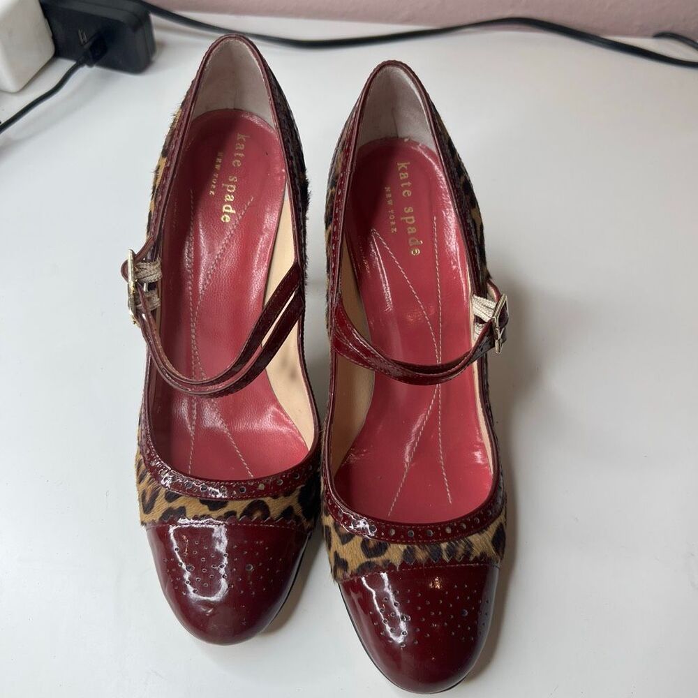 Kate Spade NY Burgundy & Animal Print Patent Leather Round Toe Heels Pumps Sz 7M